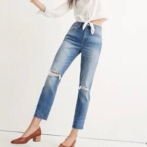 Madewell 27 High Rise Slim Boyjean Boy Jeans Knee Rip Edition Burt Wash H5897